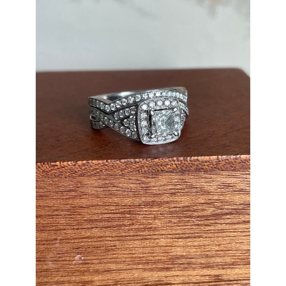 14 karat white gold, diamond halo engagement wedding ring set .61 center - Picture 5 of 16